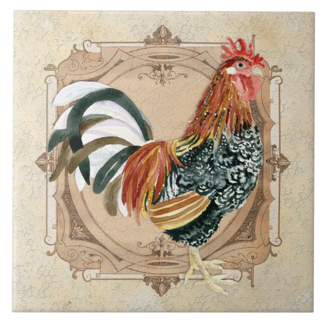 Vintage Style French Country Rustic Barn Rooster Tile (Front)