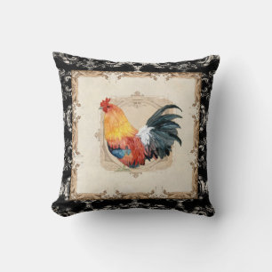 Vintage Style French Damask Black n White Rooster Cushion