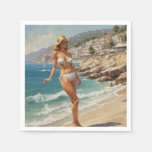 Vintage Style French Riviera Travel Beach Girl Napkin