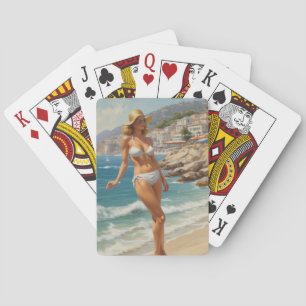 Vintage Style French Riviera Travel Beach Girl Playing Cards
