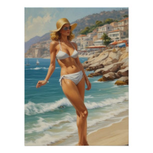 Vintage Style French Riviera Travel Beach Girl Poster