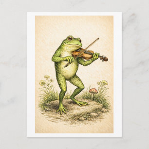Vintage-Style Frog with Violin Illustration Postcard