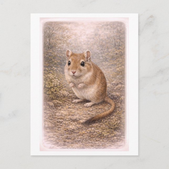 Vintage-Style Gerbil Illustration Postcard (Front)