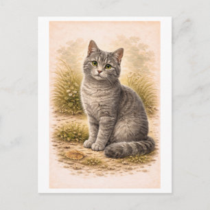 Vintage-Style Gray Cat Illustration Postcard