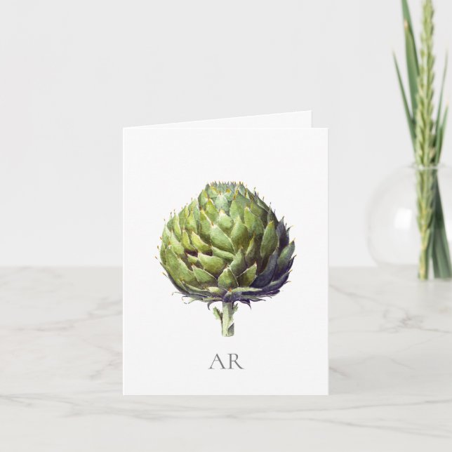 Vintage style green Artichoke flower art Note Card (Front)