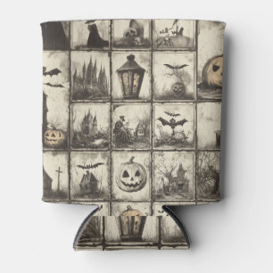 Vintage style Halloween pattern with sepia color Can Cooler