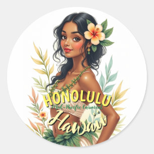 Vintage Style Hawaii Travel Honolulu Hula Girl Classic Round Sticker