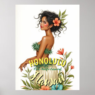 Vintage Style Hawaii Travel Honolulu Hula Girl Poster