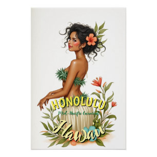 Vintage Style Hawaii Travel Honolulu Hula Girl Poster