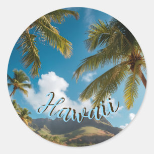 Vintage Style Hawaiian Blue Sea Palms Sky Travel Classic Round Sticker