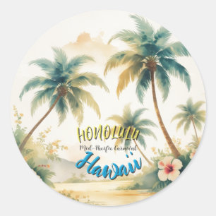 Vintage Style Hawaiian Seascape Palms Travel Art Classic Round Sticker