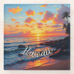 Vintage Style Hawaiian Travel Coast Sea Sunset Glass Coaster