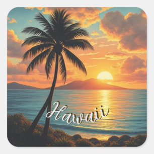 Vintage Style Hawaiian Travel Coast Sea Sunset Square Sticker