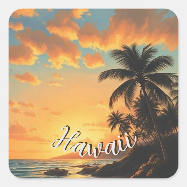 Vintage Style Hawaiian Travel Coast Sea Sunset Square Sticker (Front)