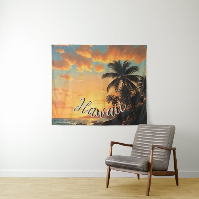 Vintage Style Hawaiian Travel Coast Sea Sunset Tapestry (In Situ (Horizontal))