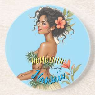 Vintage Style Hawaiian Travel Honolulu Hula Girl Coaster