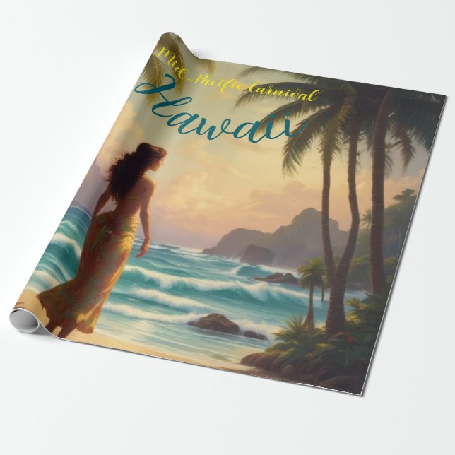 Vintage Style Hawaiian Travel Honolulu Hula Girl Wrapping Paper (Unrolled)