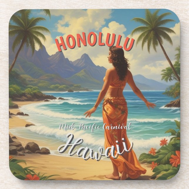 Vintage Style Hawaiian Travel Honolulu Mid-Pacific Coaster (Front)