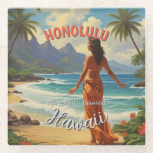 Vintage Style Hawaiian Travel Honolulu Mid-Pacific Glass Coaster