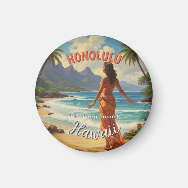 Vintage Style Hawaiian Travel Honolulu Mid-Pacific Magnet (Front)