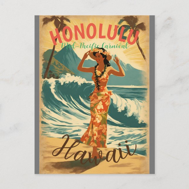 Vintage Style Hawaiian Travel Honolulu Mid-Pacific Postcard (Front)