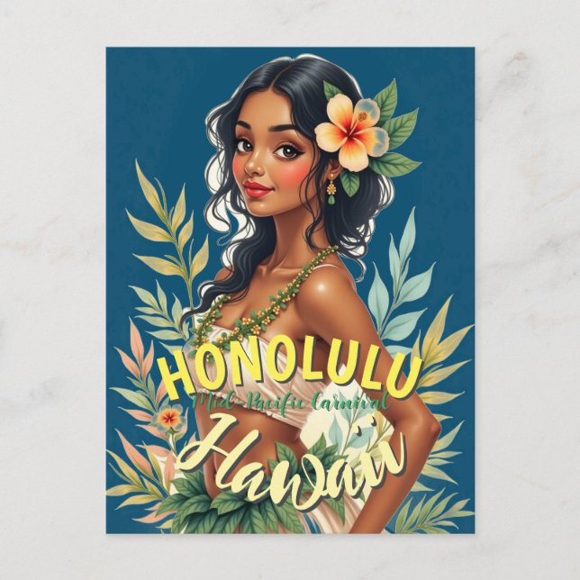 Vintage Style Hawaiian Travel Honolulu Mid-Pacific Postcard (Front)