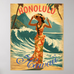 Vintage Style Hawaiian Travel Honolulu Mid-Pacific Poster