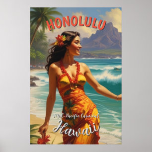Vintage Style Hawaiian Travel Honolulu Mid-Pacific Poster