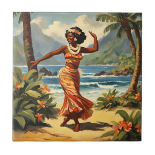 Vintage Style Hawaiian Travel Hula Girl Dancing Ceramic Tile