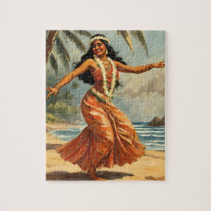 Vintage Style Hawaiian Travel Hula Girl Dancing Jigsaw Puzzle