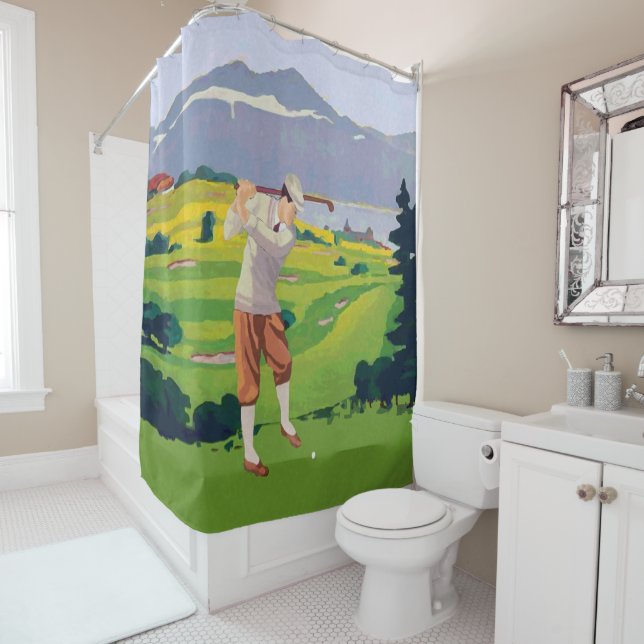 Vintage Style Highlands Golfing Scene Shower Curtain (In Situ)