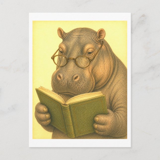 Vintage-Style Hippo Reading Postcard (Front)