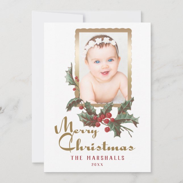 Vintage Style Holly | Merry Christmas | Photo Holiday Card (Front)
