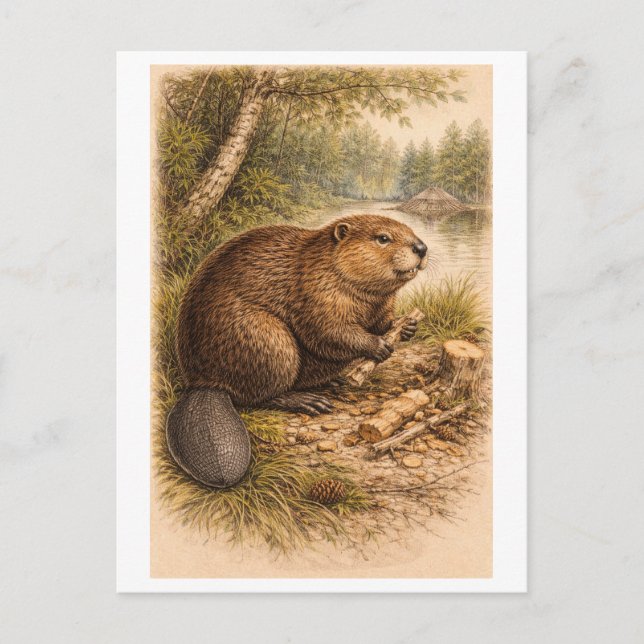 Vintage-Style Illustration of Beaver Postcard (Front)