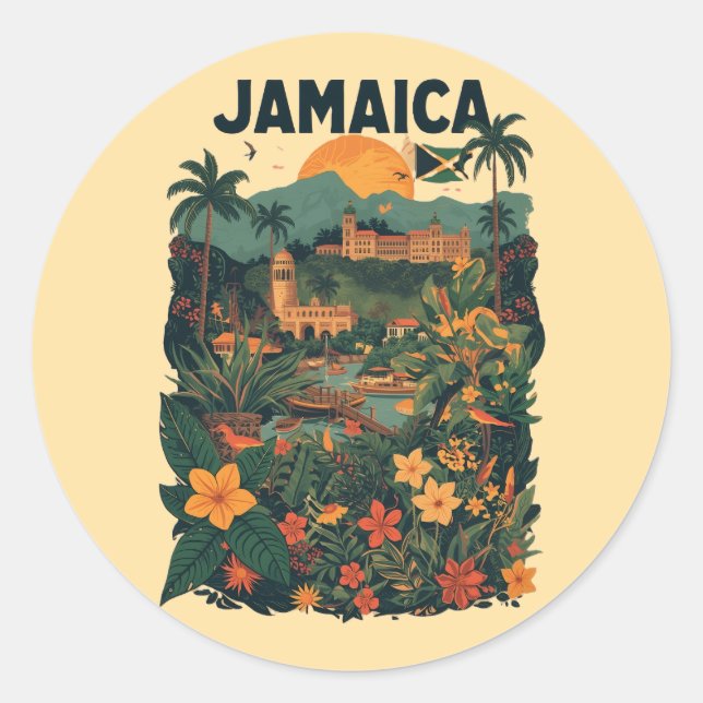Vintage Style Jamaica Travel Illustration Classic Round Sticker (Front)