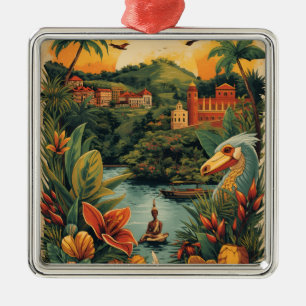 Vintage Style Jamaica Travel Illustration Metal Ornament
