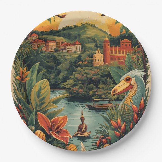 Vintage Style Jamaica Travel Illustration Paper Plate (Front)