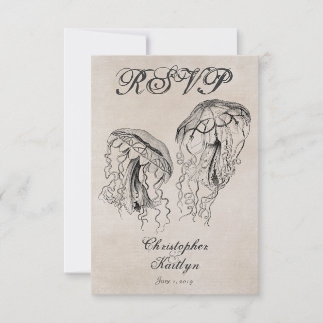 Vintage Style Jellyfish Beach Wedding RSVP Card (Front)