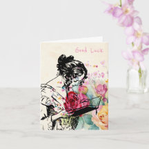 Vintage style Lady reading Book Good Luck  Card
