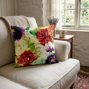 Vintage Style Large Watercolor Flowers Cushion