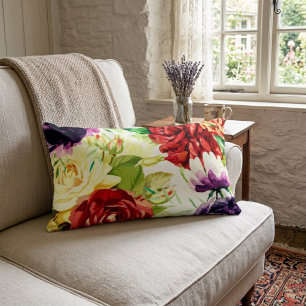 Vintage Style Large Watercolor Flowers Lumbar Cushion