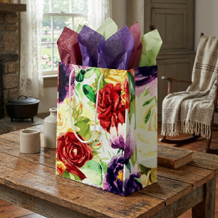 Vintage Style Large Watercolor Flowers Medium Gift Bag