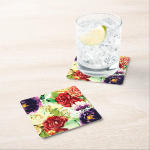 Vintage Style Large Watercolor Flowers Square Paper Coaster