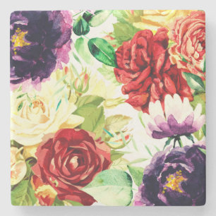 Vintage Style Large Watercolor Flowers Stone Coaster