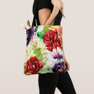 Vintage Style Large Watercolor Flowers Tote Bag