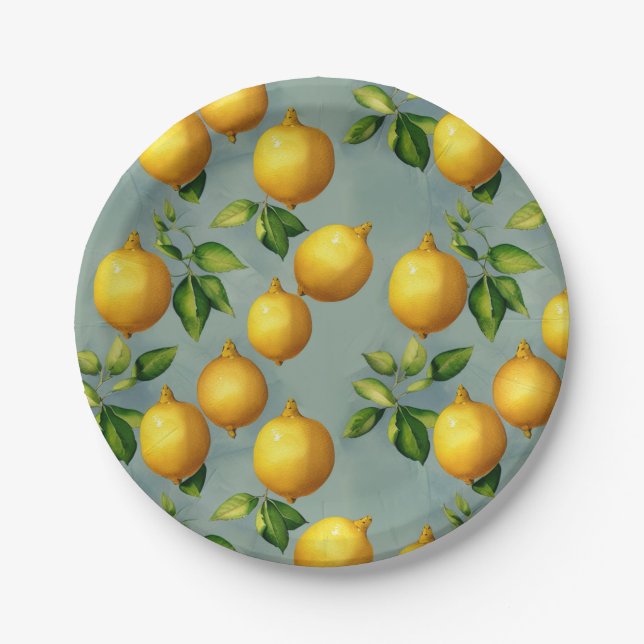Vintage Style Lemons Pattern Wallpaper Art Paper Plate (Front)