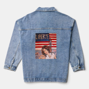 Vintage Style Liberté Portrait with American Flag Denim Jacket
