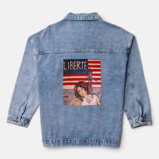 Vintage Style Liberté Portrait with American Flag Denim Jacket