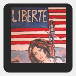 Vintage Style Liberté Portrait with American Flag Square Sticker