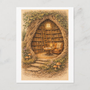 Vintage-Style Library in Hollow Tree Postcard